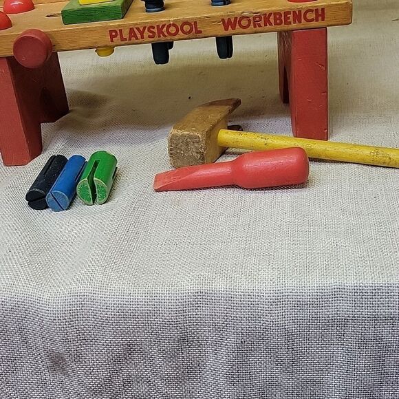1970’s Vintage Wood PlaySkool Work Bench, Bell Stacker, Roller Chimes - Picture 3 of 12
